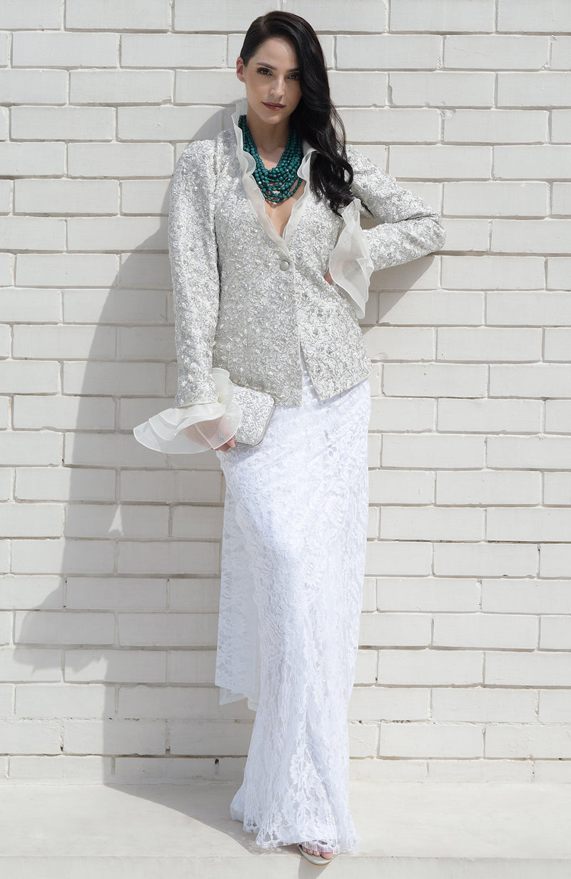 White Frost Sequin Beads and French Wire Hand Embroidered Jacket