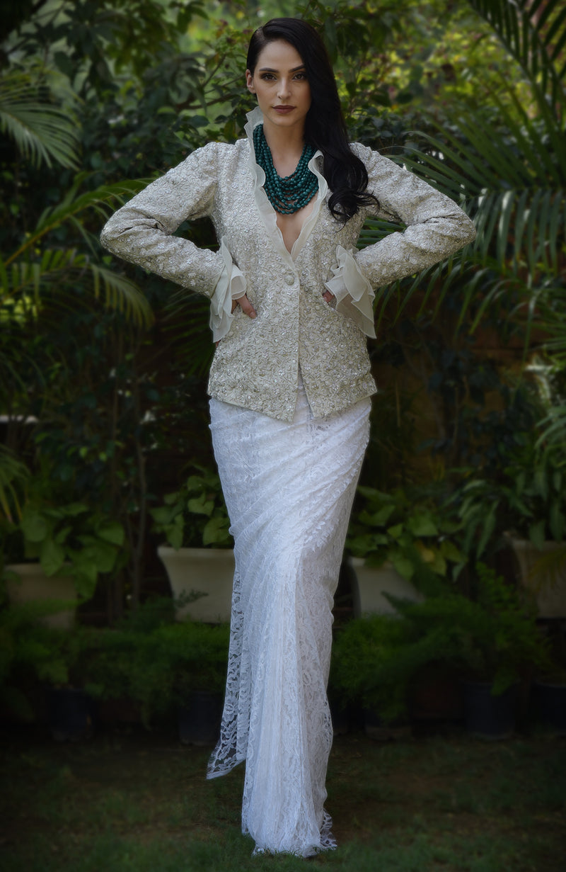 White Frost Sequin Beads and French Wire Hand Embroidered Jacket