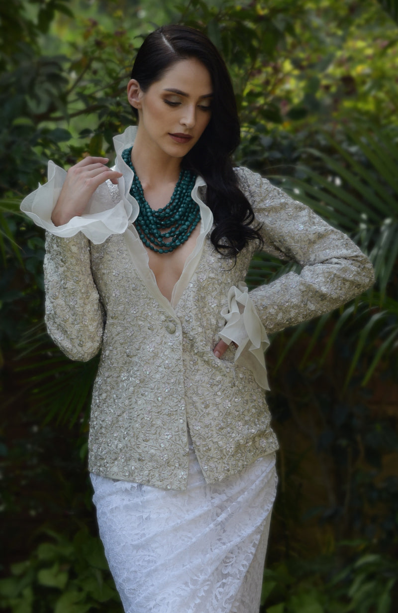 White Frost Sequin Beads and French Wire Hand Embroidered Jacket
