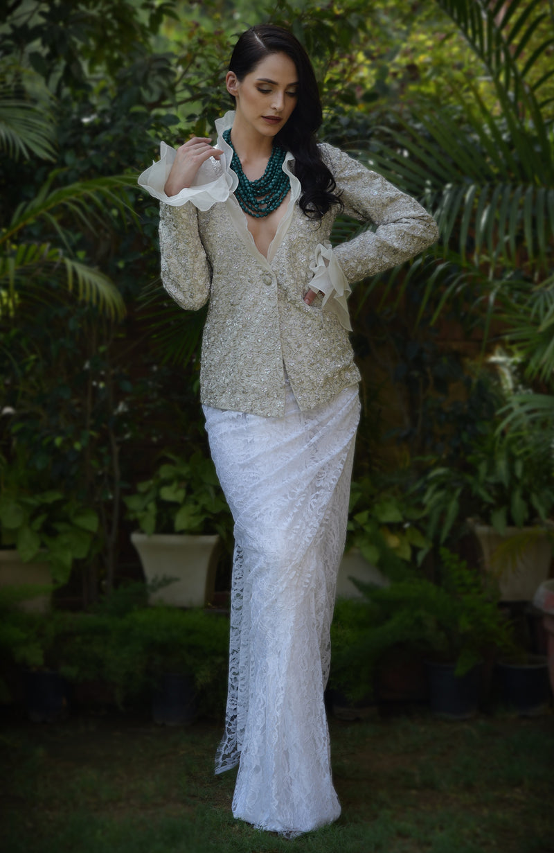 White Frost Sequin Beads and French Wire Hand Embroidered Jacket