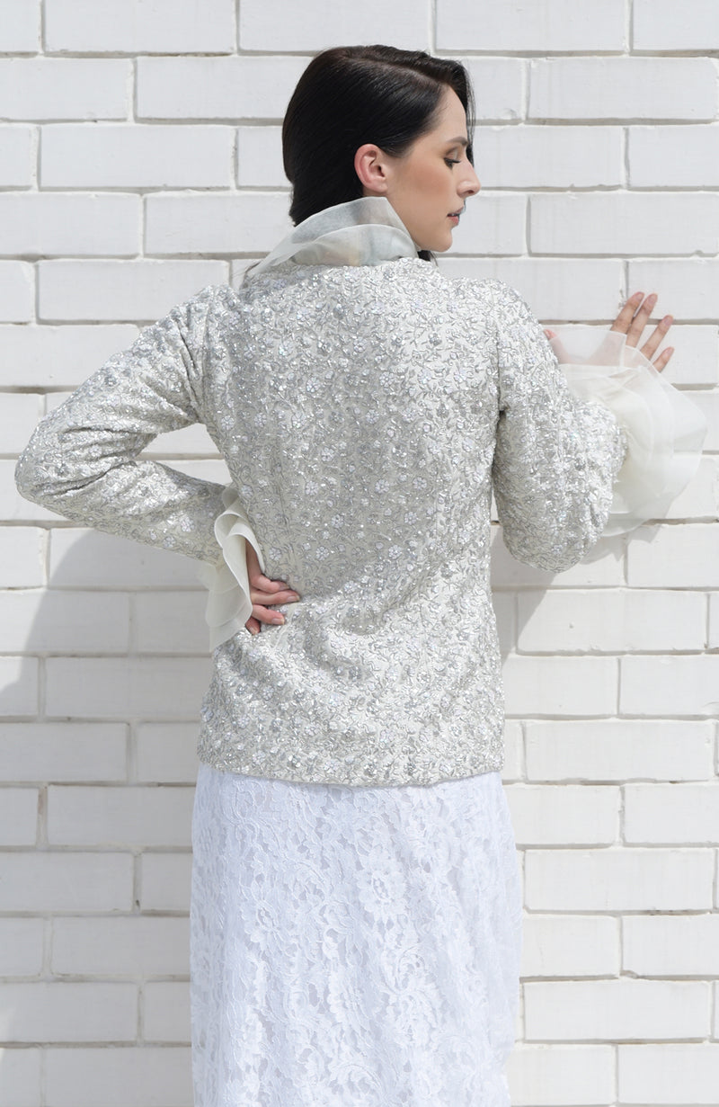 White Frost Sequin Beads and French Wire Hand Embroidered Jacket