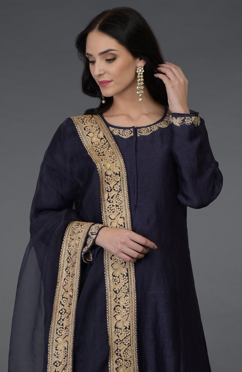 Kashmir Inspired Eclipse Blue Tilla Embroidered Suit