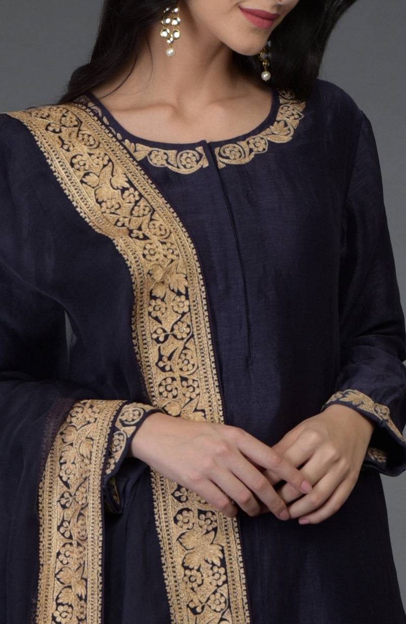 Kashmir Inspired Eclipse Blue Tilla Embroidered Suit