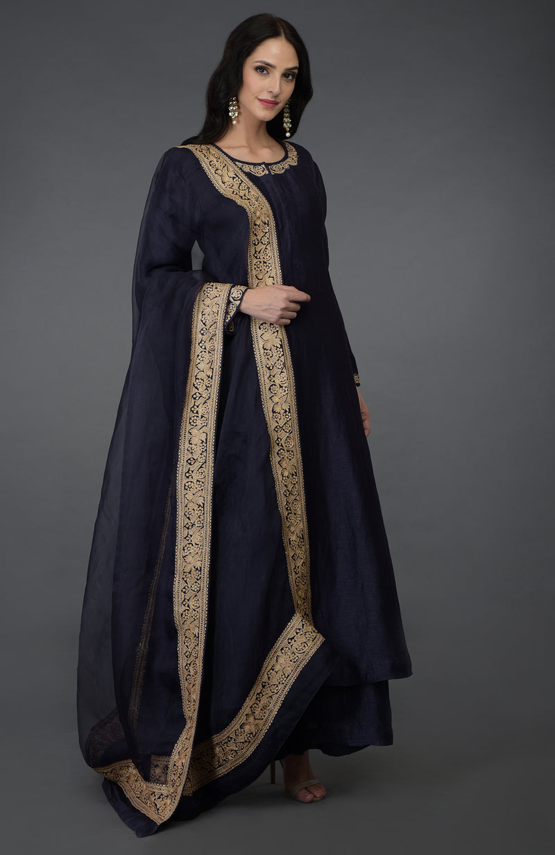 Kashmir Inspired Eclipse Blue Tilla Embroidered Suit