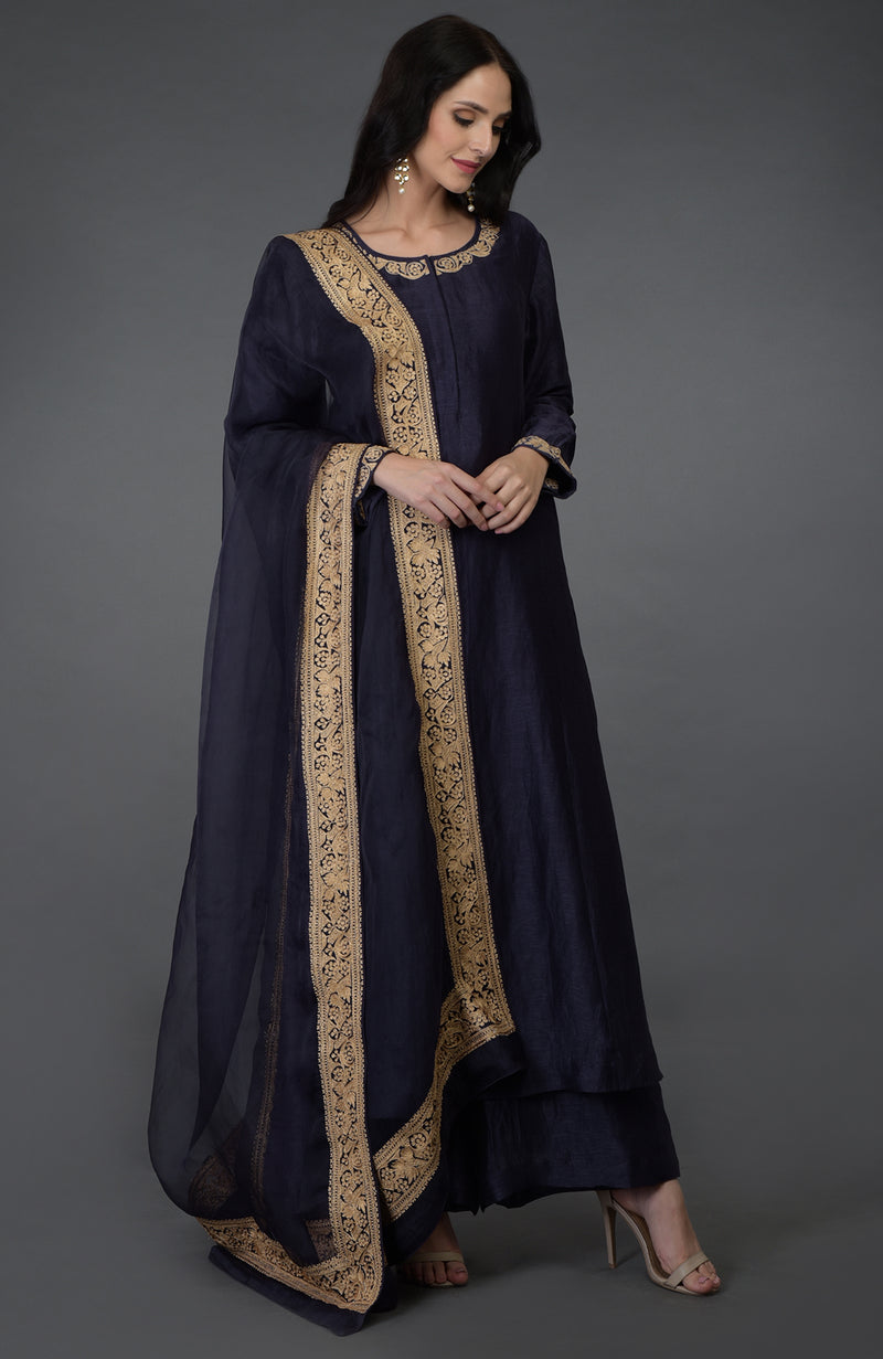 Kashmir Inspired Eclipse Blue Tilla Embroidered Suit