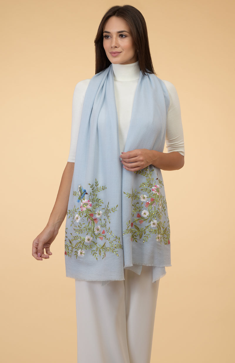 Serenity Blue Floral-Birds Embroidered Pure Cashmere Stole