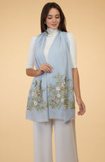 Serenity Blue Floral-Birds Embroidered Pure Cashmere Stole