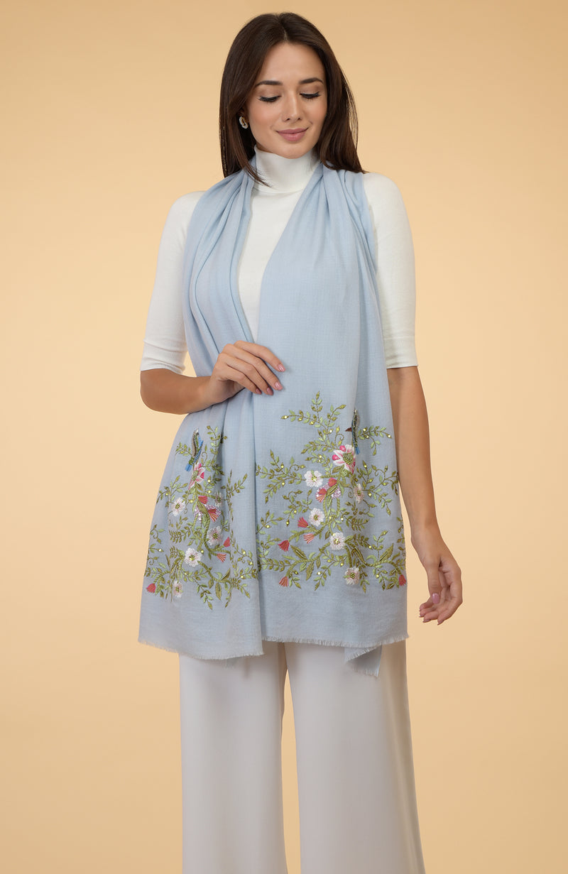 Serenity Blue Floral-Birds Embroidered Pure Cashmere Stole