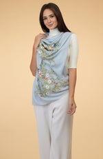 Serenity Blue Floral-Birds Embroidered Pure Cashmere Stole