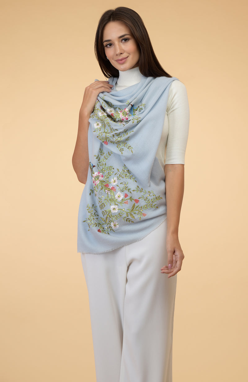 Serenity Blue Floral-Birds Embroidered Pure Cashmere Stole