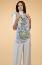 Serenity Blue Floral-Birds Embroidered Pure Cashmere Stole