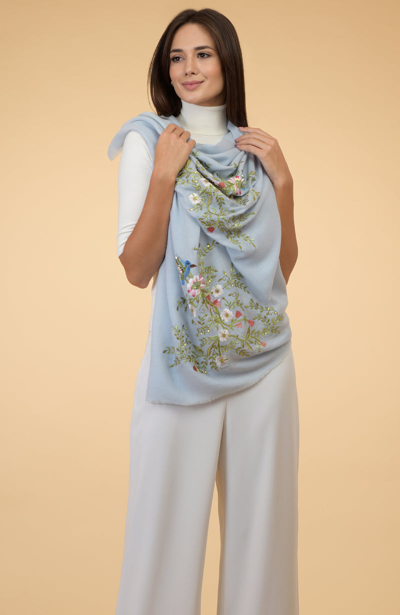 Serenity Blue Floral-Birds Embroidered Pure Cashmere Stole