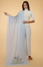 Serenity Blue Floral-Birds Embroidered Pure Cashmere Stole