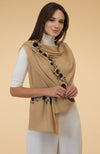 Camel Beige Floral Hand Embroidered Pure Cashmere Stole