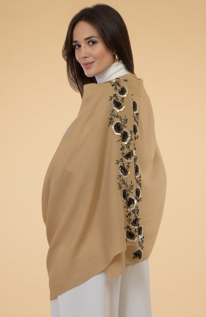 Camel Beige Floral Hand Embroidered Pure Cashmere Stole