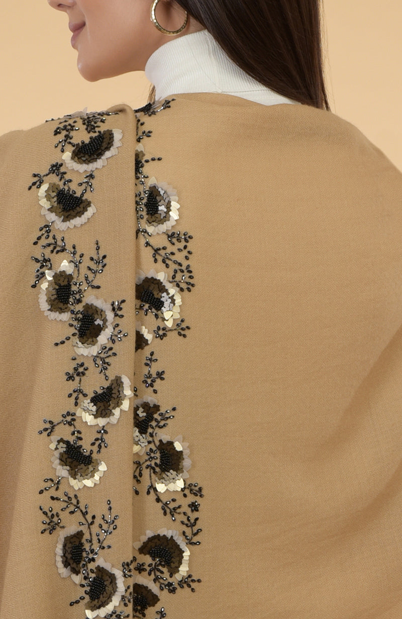 Camel Beige Floral Hand Embroidered Pure Cashmere Stole