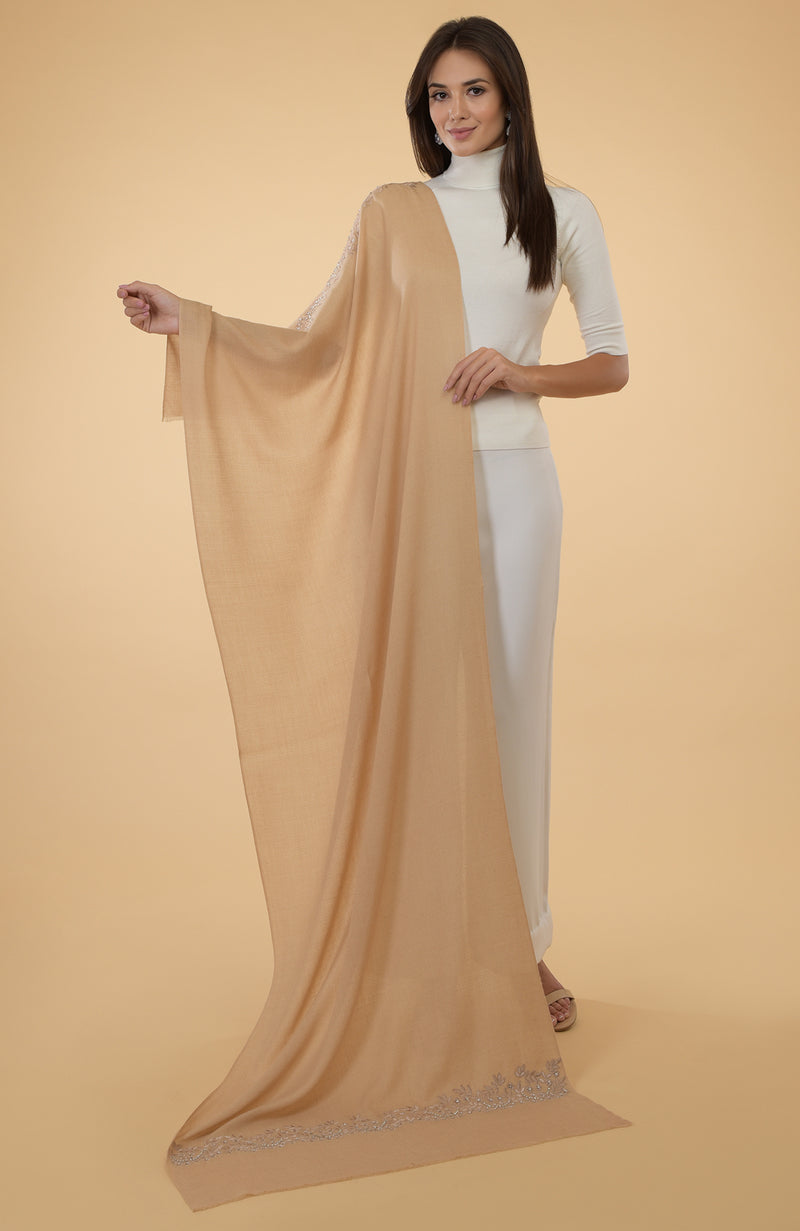 Nude Beige Floral & Crystal Embroidered Pure Cashmere Stole