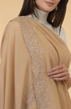 Nude Beige Floral & Crystal Embroidered Pure Cashmere Stole
