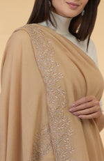 Nude Beige Floral & Crystal Embroidered Pure Cashmere Stole