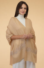 Nude Beige Floral & Crystal Embroidered Pure Cashmere Stole