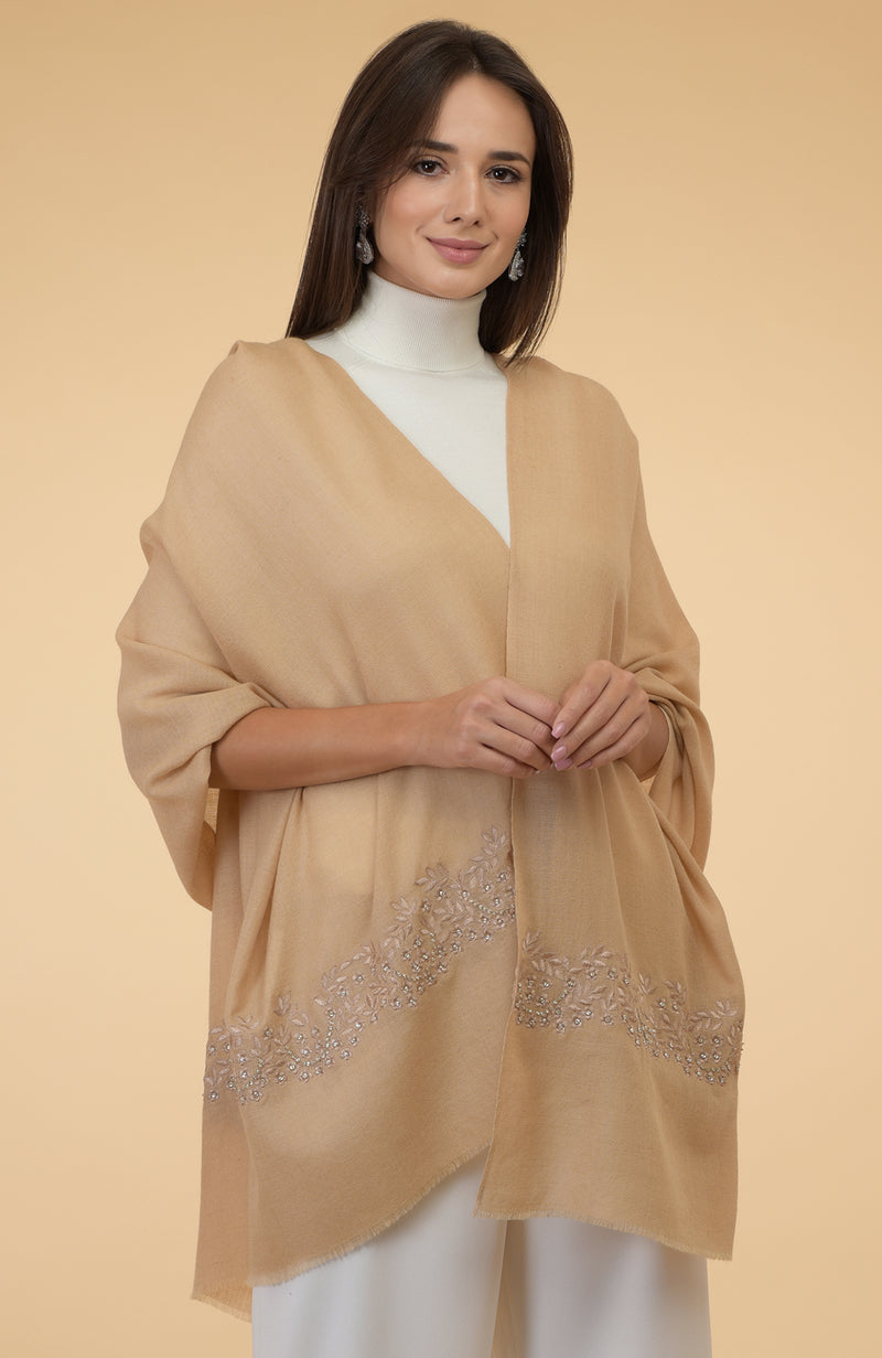 Nude Beige Floral & Crystal Embroidered Pure Cashmere Stole