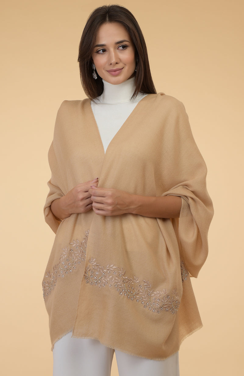 Nude Beige Floral & Crystal Embroidered Pure Cashmere Stole