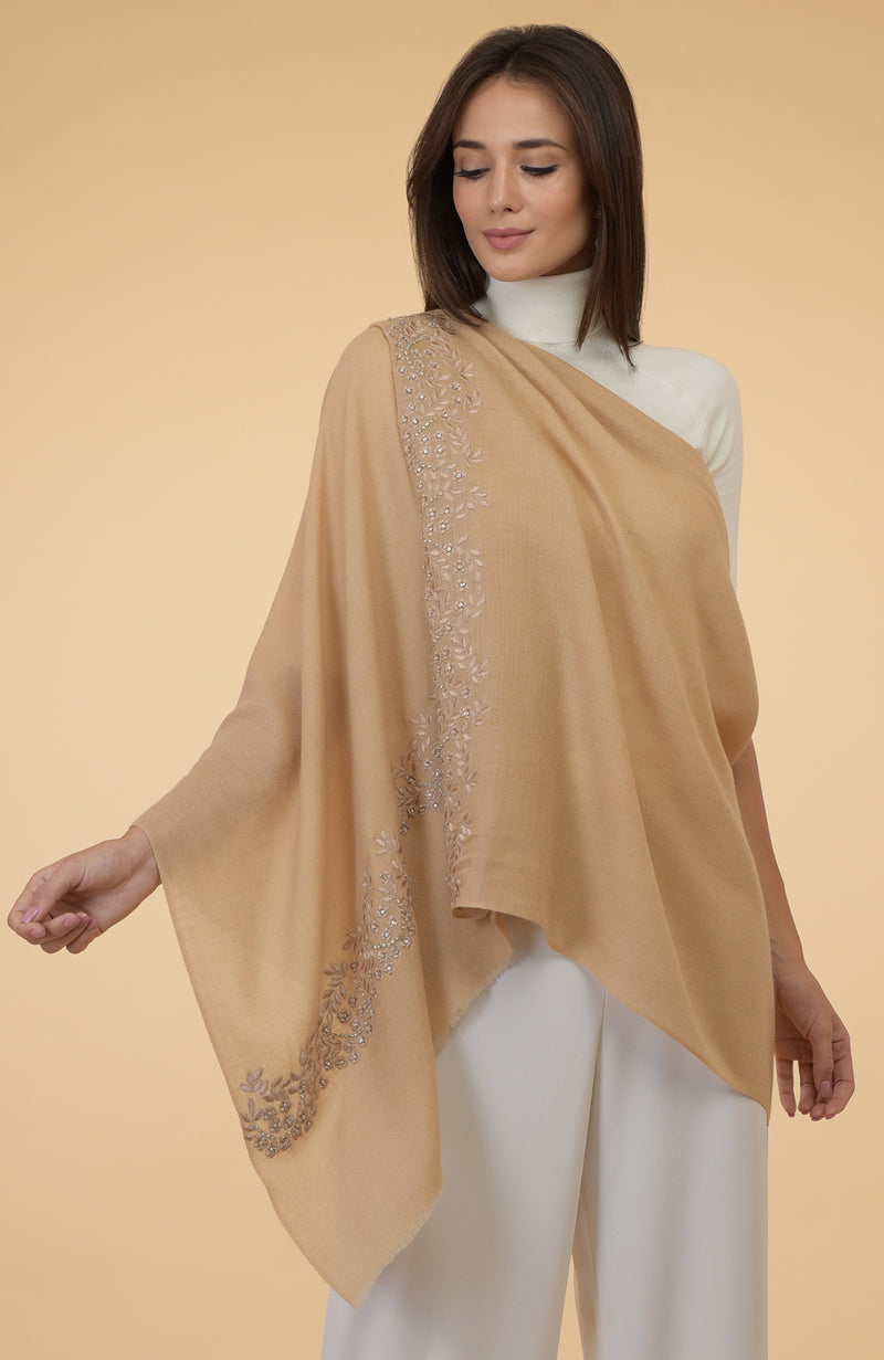 Nude Beige Floral & Crystal Embroidered Pure Cashmere Stole