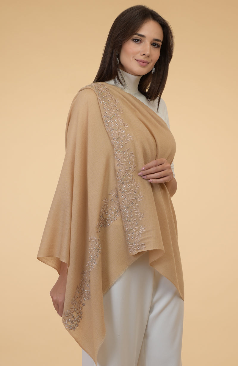 Nude Beige Floral & Crystal Embroidered Pure Cashmere Stole
