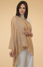 Nude Beige Floral & Crystal Embroidered Pure Cashmere Stole