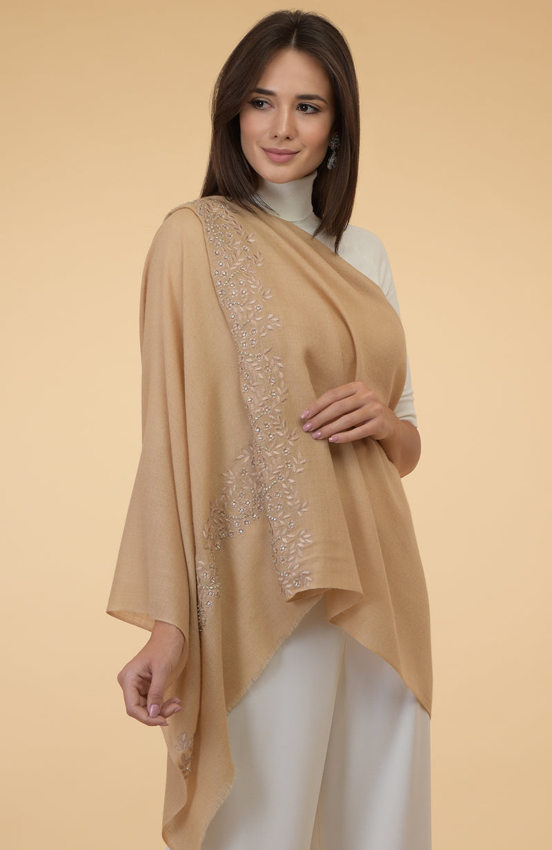 Nude Beige Floral & Crystal Embroidered Pure Cashmere Stole