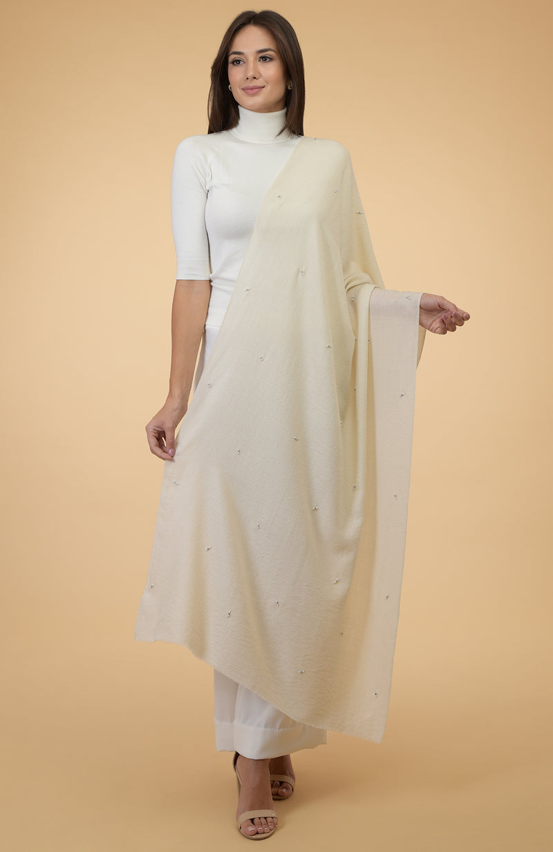 Ivory Beads & Crystal Hand Embroidered Pure Cashmere Stole