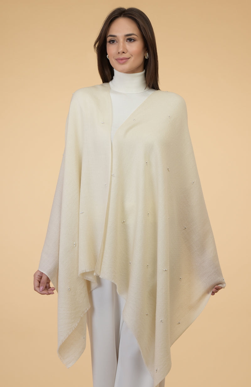 Ivory Beads & Crystal Hand Embroidered Pure Cashmere Stole