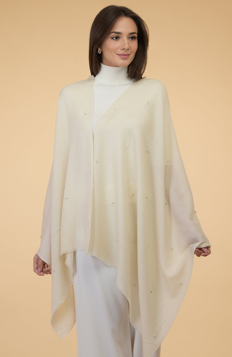 Ivory Beads & Crystal Hand Embroidered Pure Cashmere Stole