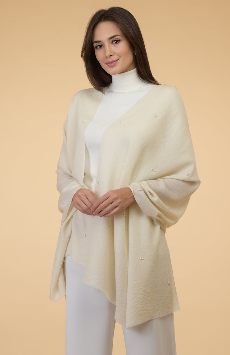 Ivory Beads & Crystal Hand Embroidered Pure Cashmere Stole