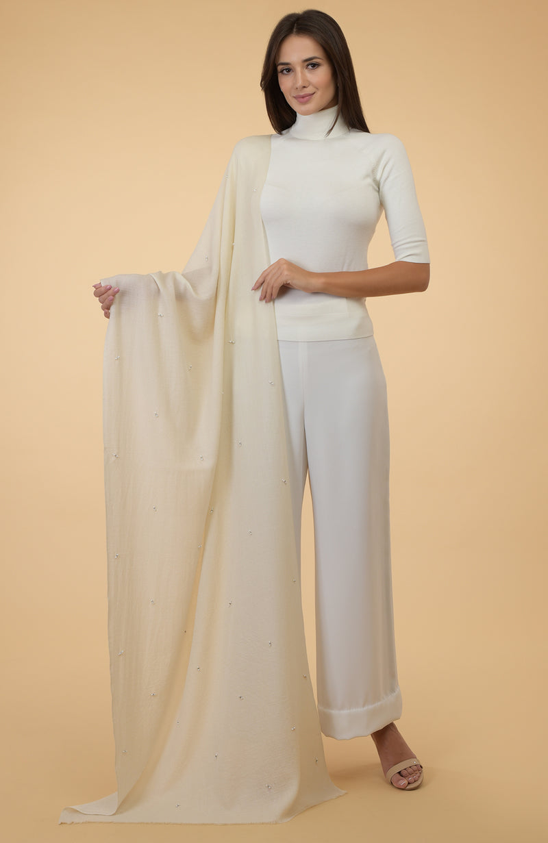 Ivory Beads & Crystal Hand Embroidered Pure Cashmere Stole