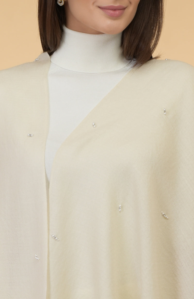 Ivory Beads & Crystal Hand Embroidered Pure Cashmere Stole