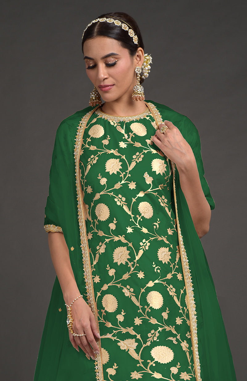 Emerald Green  Benarasi Weave Zardozi  Kurta Set