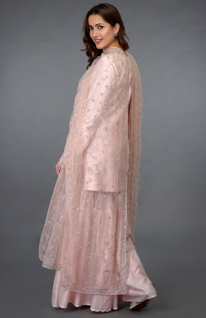 Pink-Silver Zari Beads & Sequin Embroidered Gharara Suit