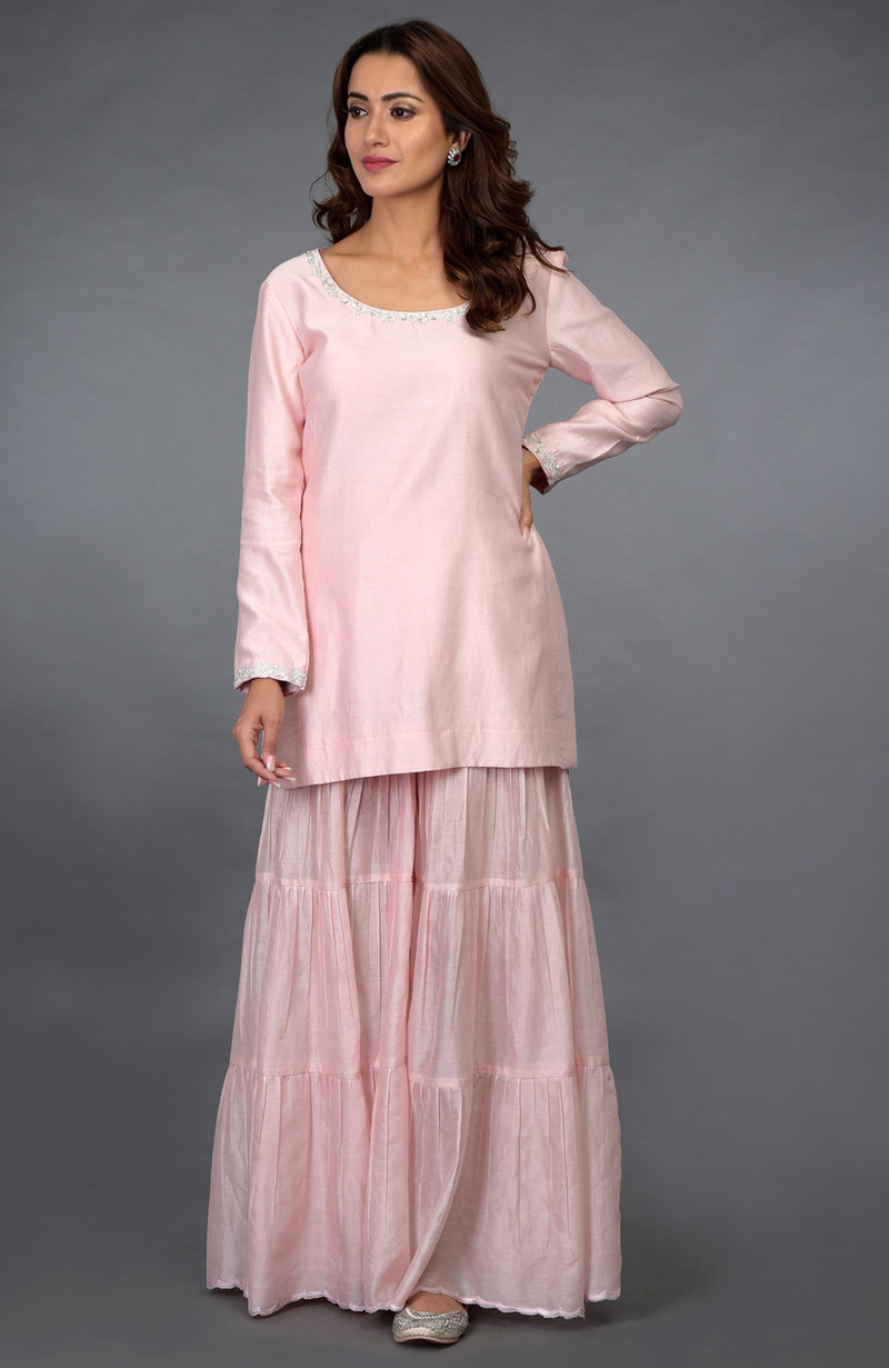 Pink-Silver Zari Beads & Sequin Embroidered Gharara Suit