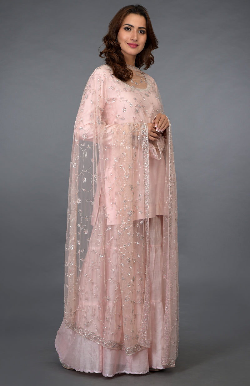 Pink-Silver Zari Beads & Sequin Embroidered Gharara Suit