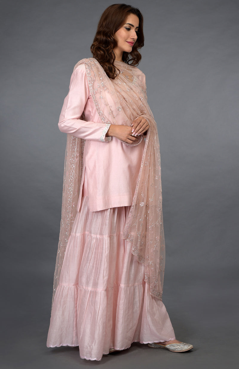 Pink-Silver Zari Beads & Sequin Embroidered Gharara Suit