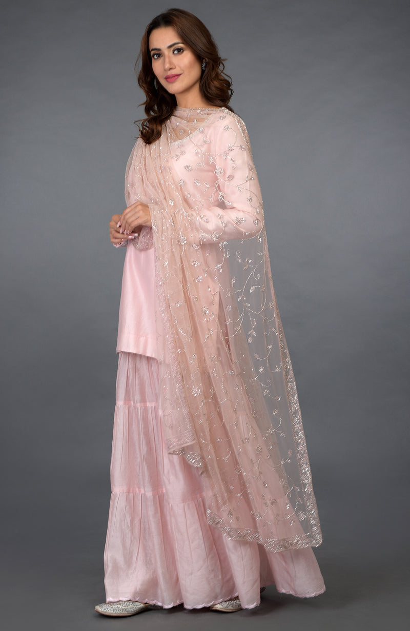 Pink-Silver Zari Beads & Sequin Embroidered Gharara Suit