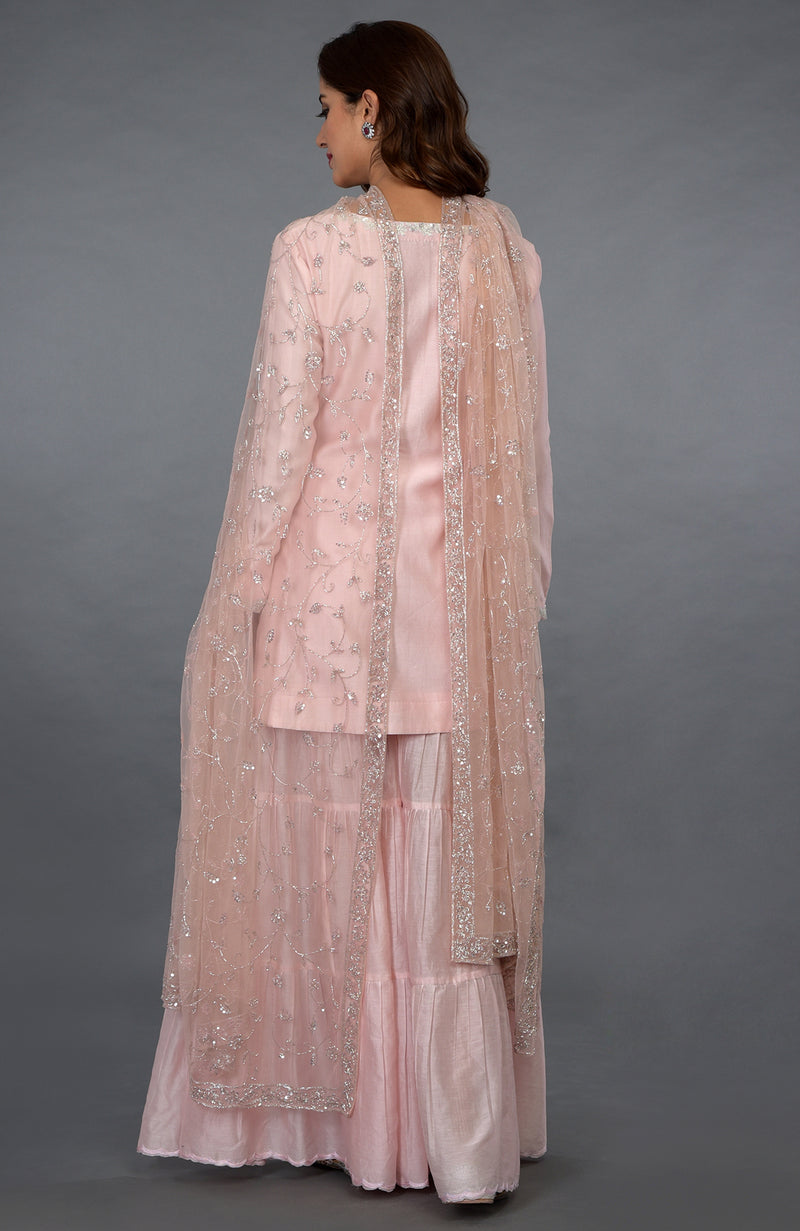 Pink-Silver Zari Beads & Sequin Embroidered Gharara Suit