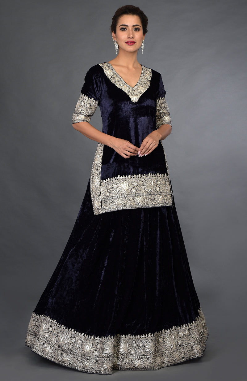 Midnight Blue Kashmiri Tilla Embroidered Lehenga Outfit