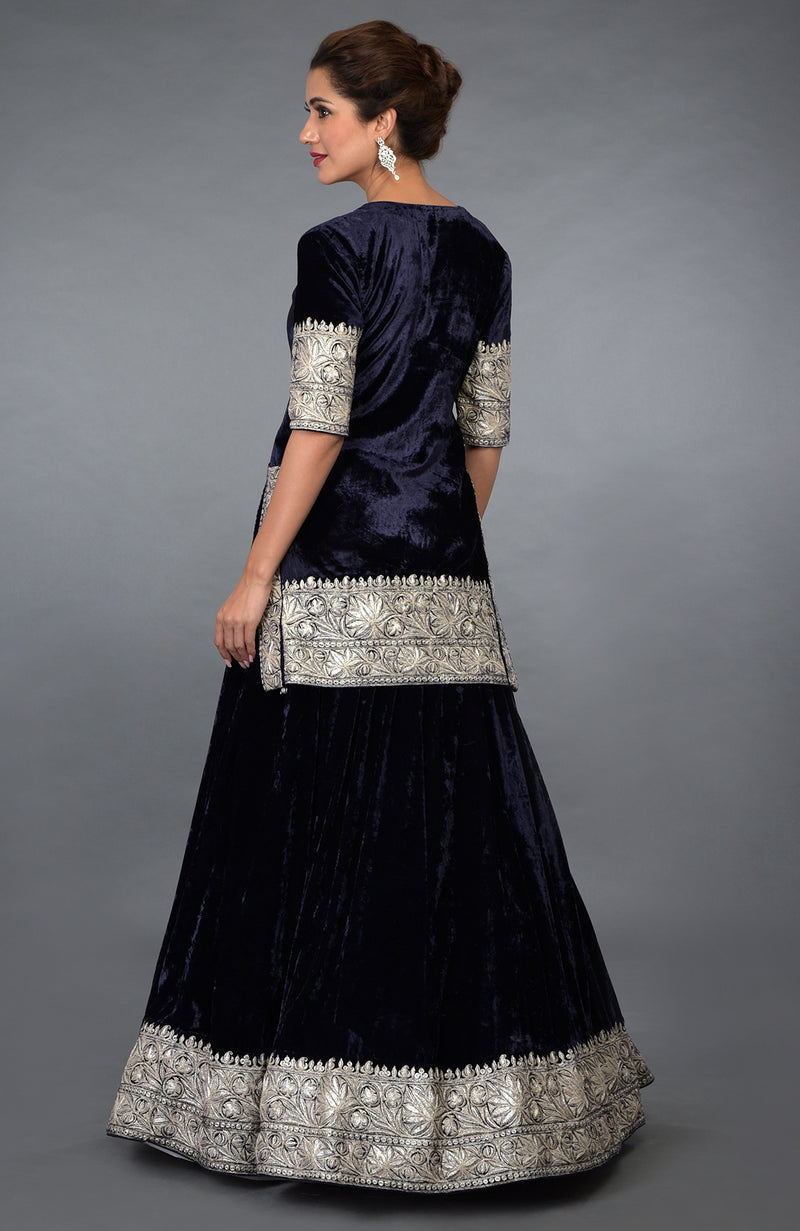 Midnight Blue Kashmiri Tilla Embroidered Lehenga Outfit