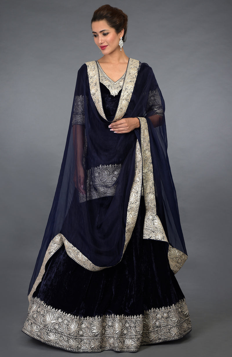 Midnight Blue Kashmiri Tilla Embroidered Lehenga Outfit