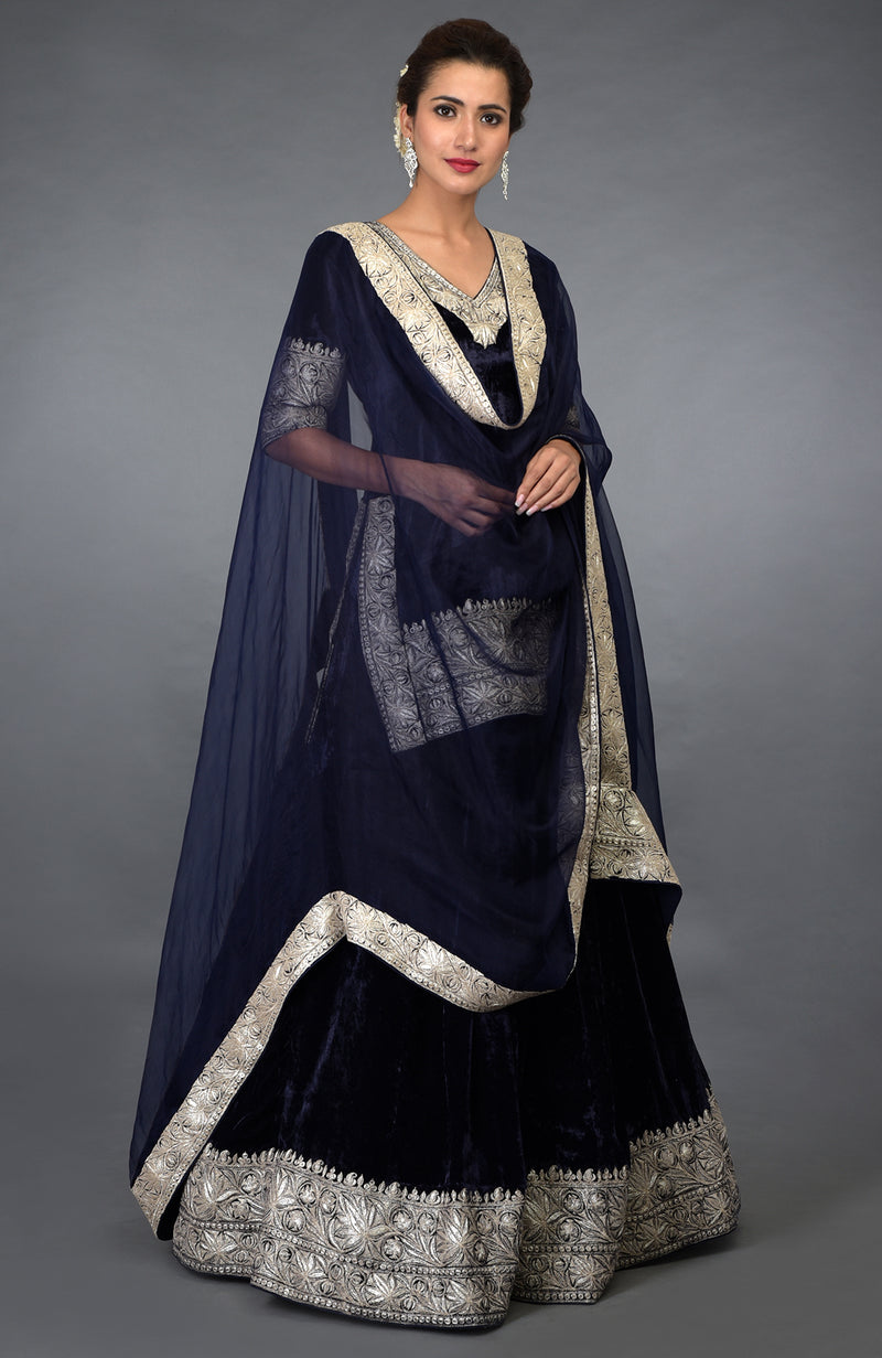 Midnight Blue Kashmiri Tilla Embroidered Lehenga Outfit
