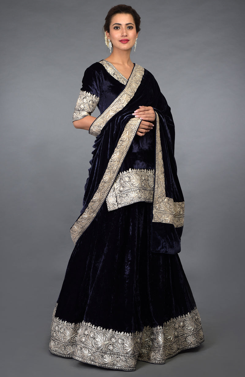 Midnight Blue Kashmiri Tilla Embroidered Lehenga Outfit