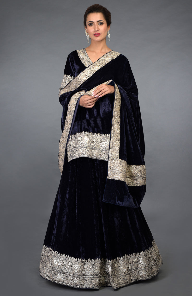 Midnight Blue Kashmiri Tilla Embroidered Lehenga Outfit