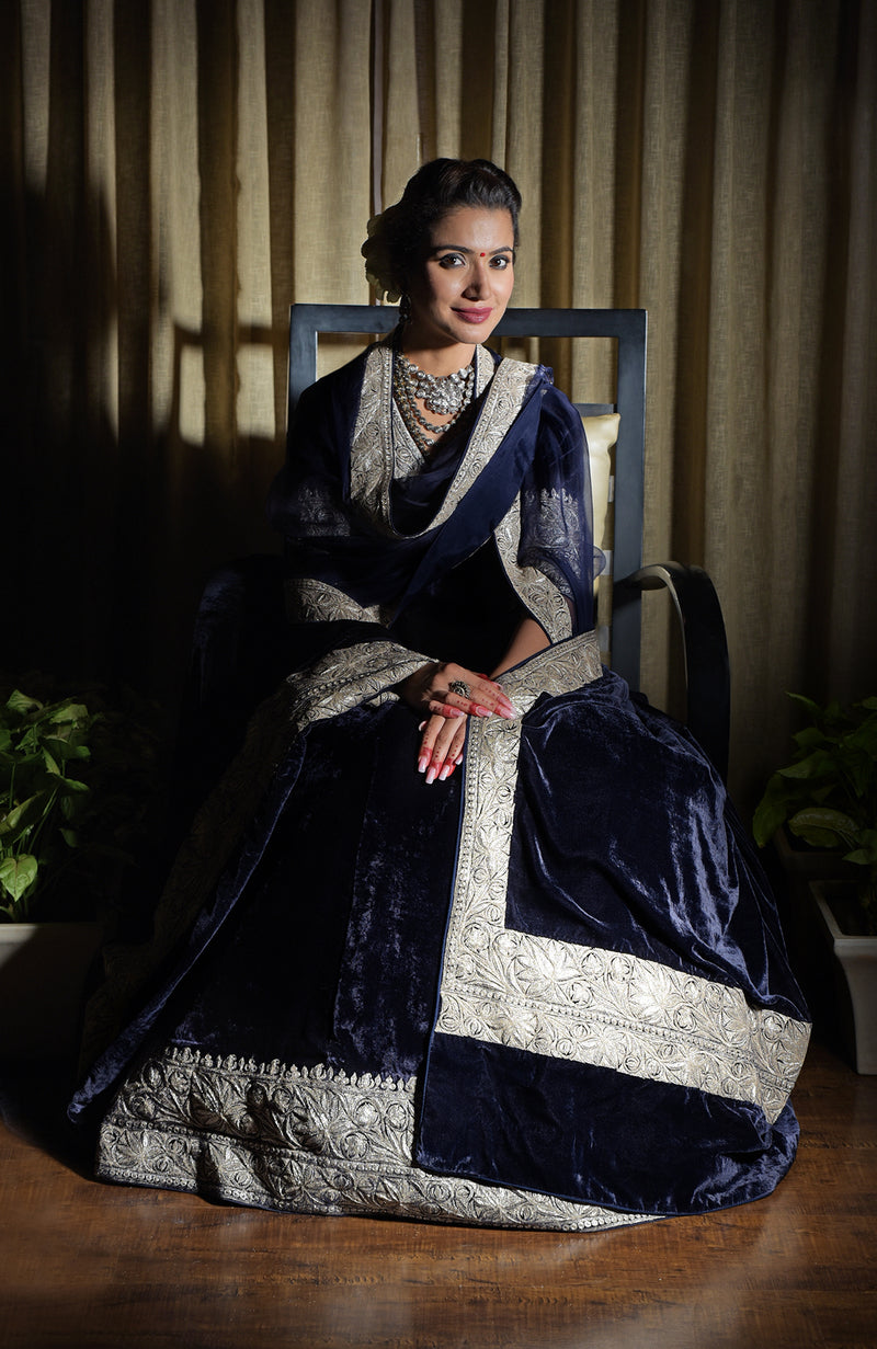 Midnight Blue Kashmiri Tilla Embroidered Lehenga Outfit